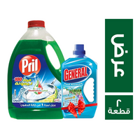 بريل صابون سائل للاطباق بالليمون الاخضر - 2.5 كجم + جنرال منظف ارضيات برائحة الزهور - 730 مل